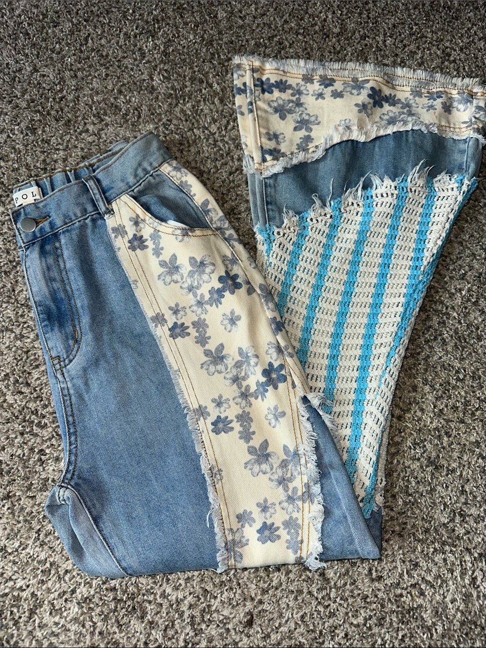 POL Blue Denim Jeans with Cream Floral & Aqua Crochet Panels NWOT